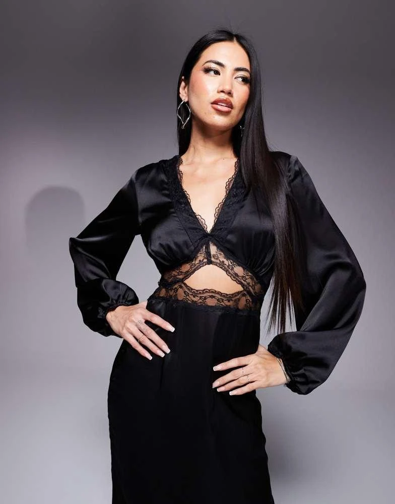 Never Fully Dressed Never Fully Dressed Mimi long sleeve lace cut-out slip maxi dress in black 4