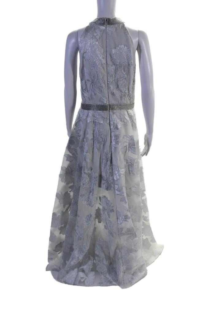 Carmen Marc Valvo Womens Beaded Crew Neck Metallic Floral Gown Silver 3