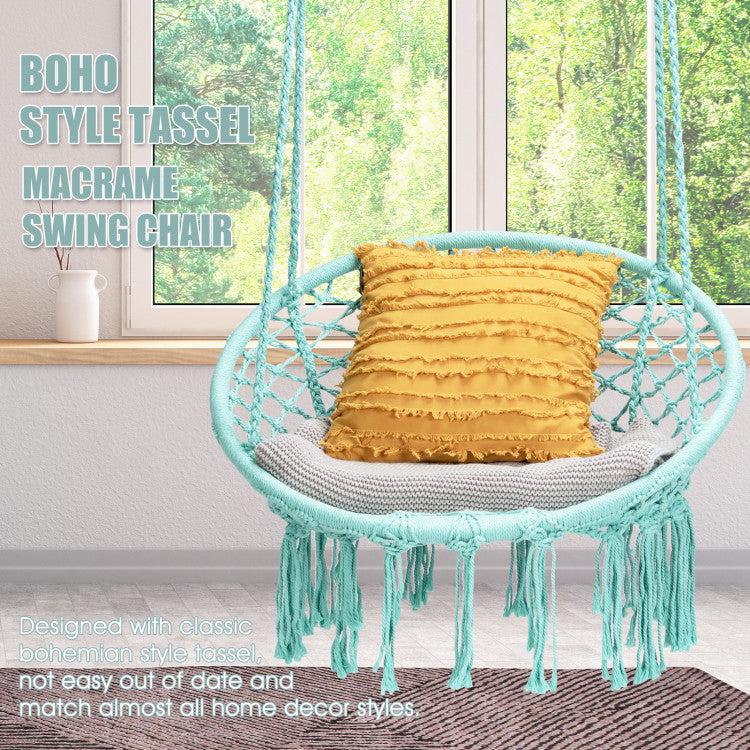 Hivvago Hanging Macrame Hammock Chair with Handwoven Cotton Backrest-Turquoise