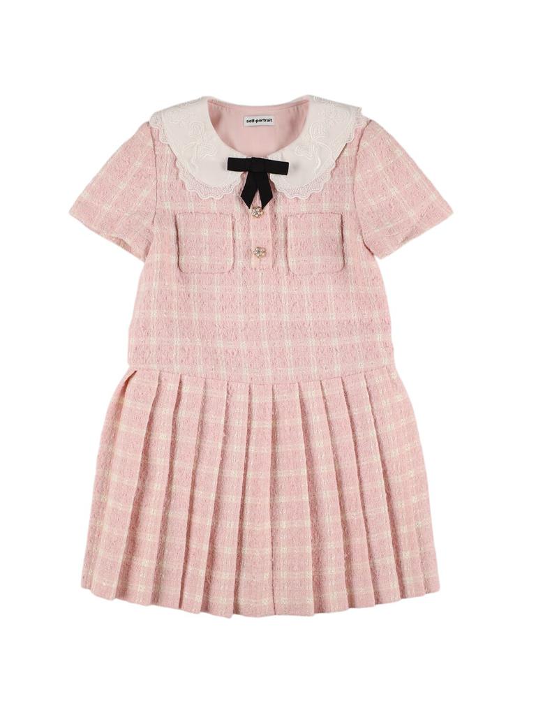 SELF-PORTRAIT Pleated Check Print Bouclé Dress