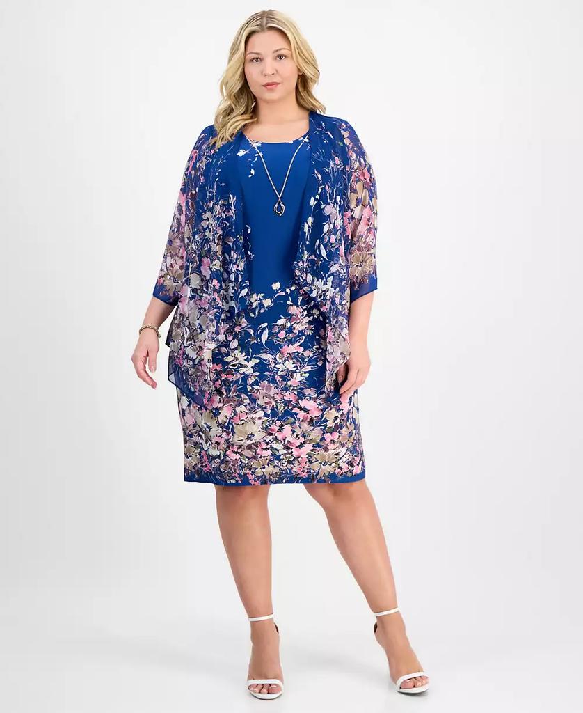 Sandra Darren Plus Size Placed-Floral 3/4-Sleeve Jacket Dress