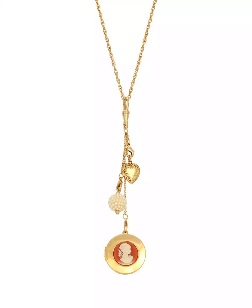 2028 Women's Gold Tone Carnelian Cameo Round Locket with Charms Necklace