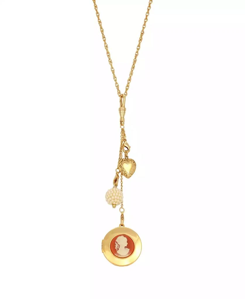 2028 Women's Gold Tone Carnelian Cameo Round Locket with Charms Necklace 1