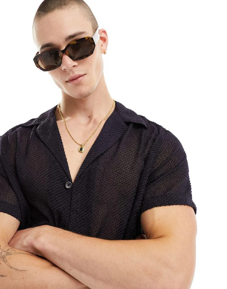 ASOS ASOS DESIGN relaxed fit short sleeve revere collar sheer shirt in navy 2