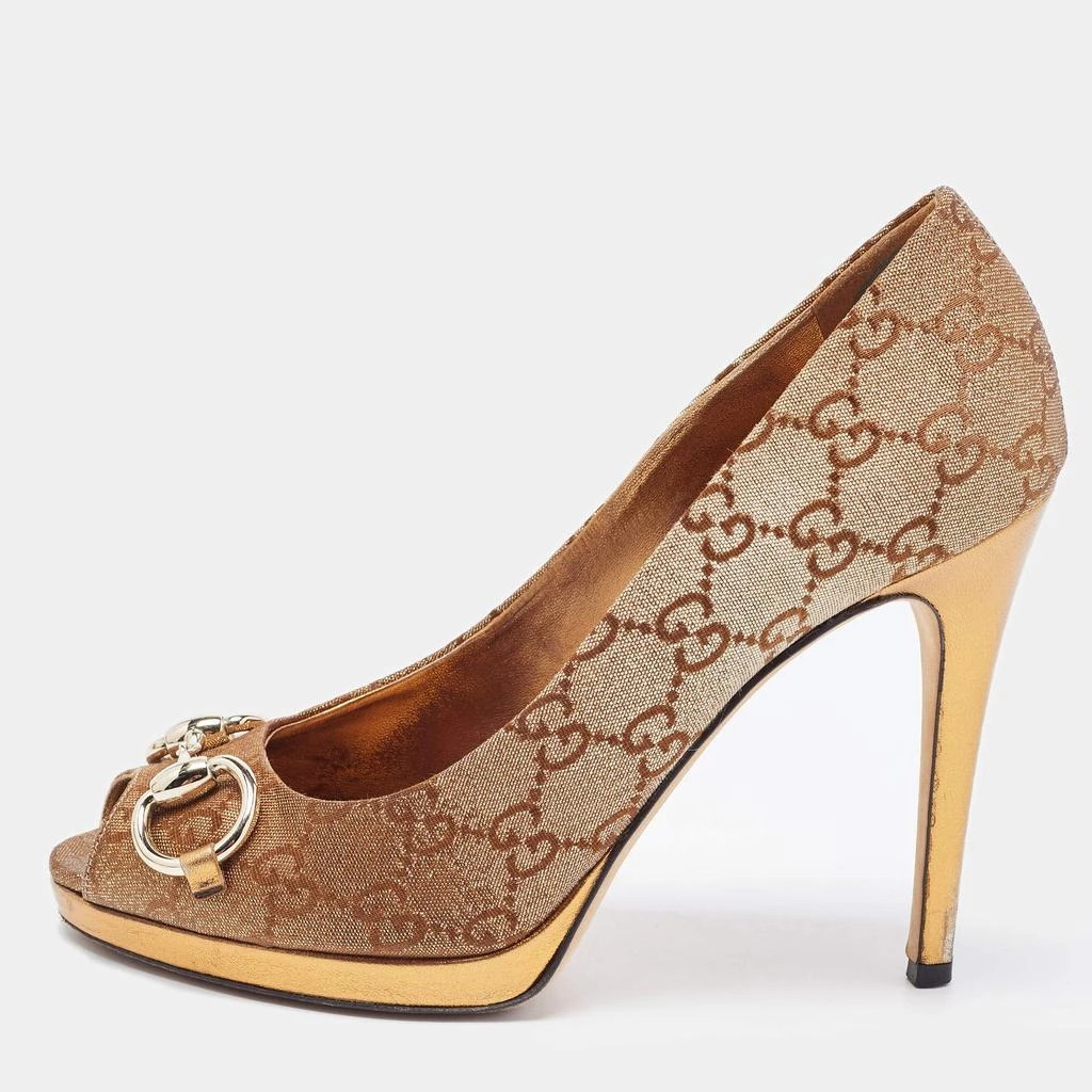 Gucci Gucci Bronze GG Canvas and Leather New Hollywood Horsebit Peep Toe Pumps Size 37 1