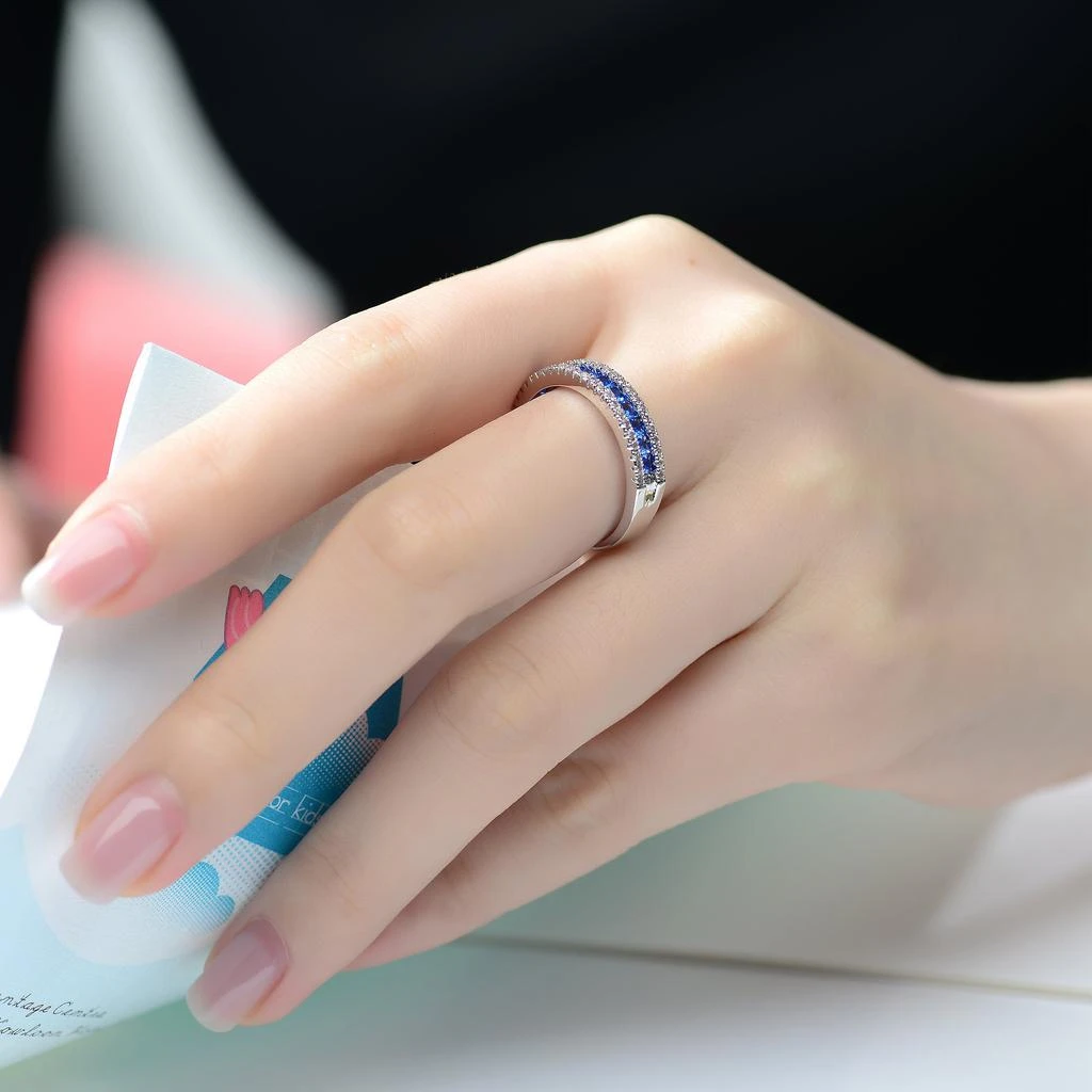 Genevive Ga Sterling Silver With Rhodium Plated And Sapphire Cubic Zirconia Band Ring 2