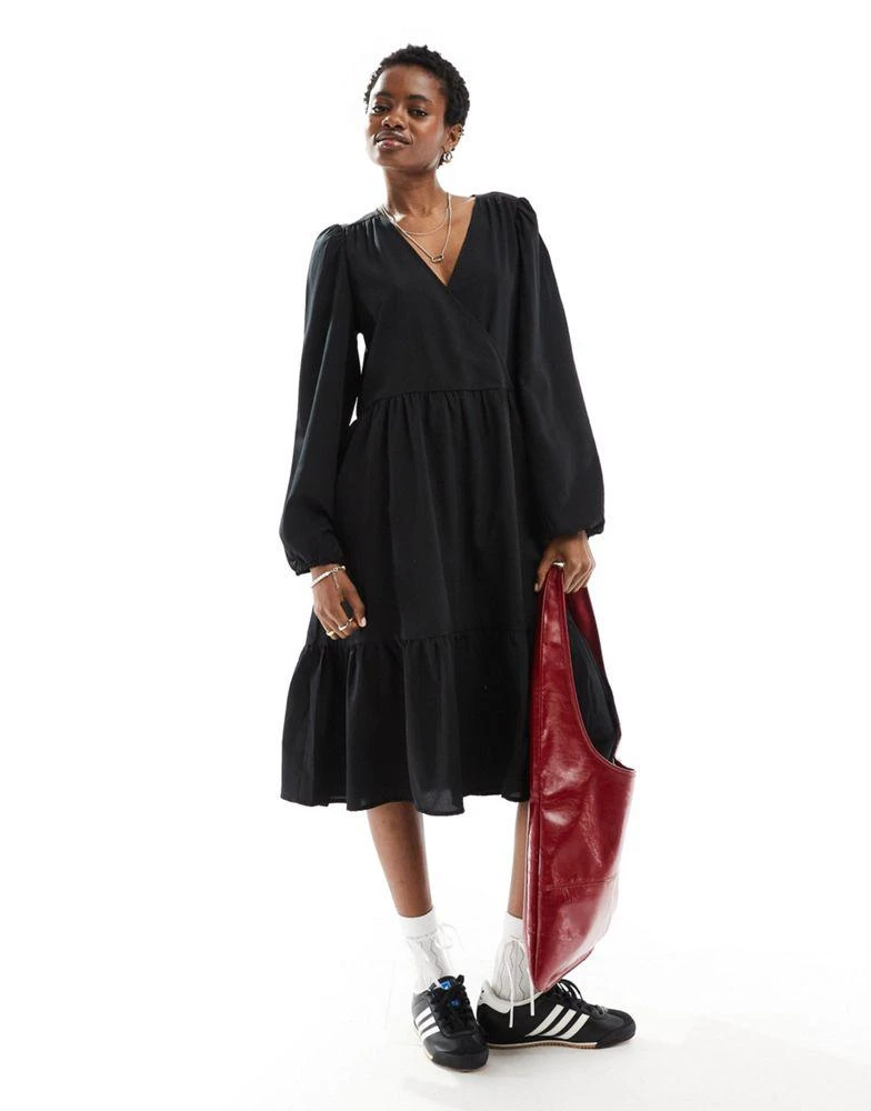 Monki Monki long sleeve wrap midi dress in black 1