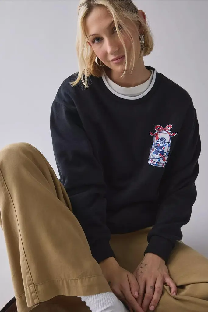 Urban Outfitters Pabst Blue Ribbon Holiday Lights Graphic Crew Neck Pullover 2
