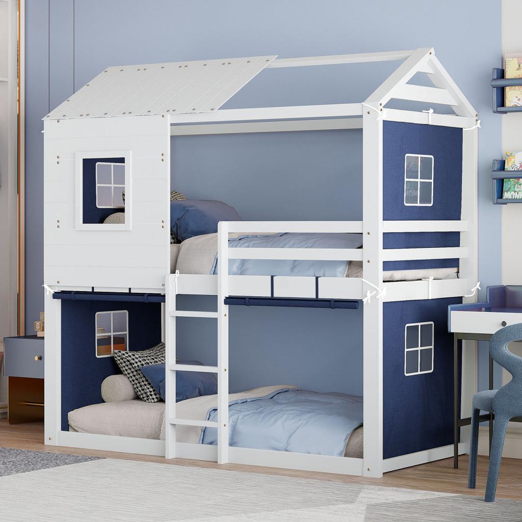 Streamdale Furniture Streamdale Twin Size Bunk Wood House Bed with Tent, Blue+White