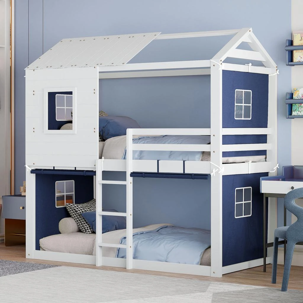 Streamdale Furniture Streamdale Twin Size Bunk Wood House Bed with Tent, Blue+White 2