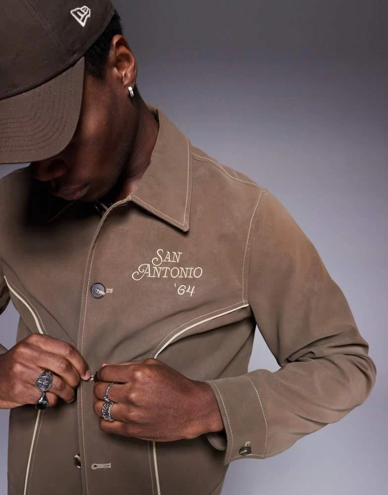 ASOS ASOS DESIGN regular harrington faux suede embroidered jacket in brown 2