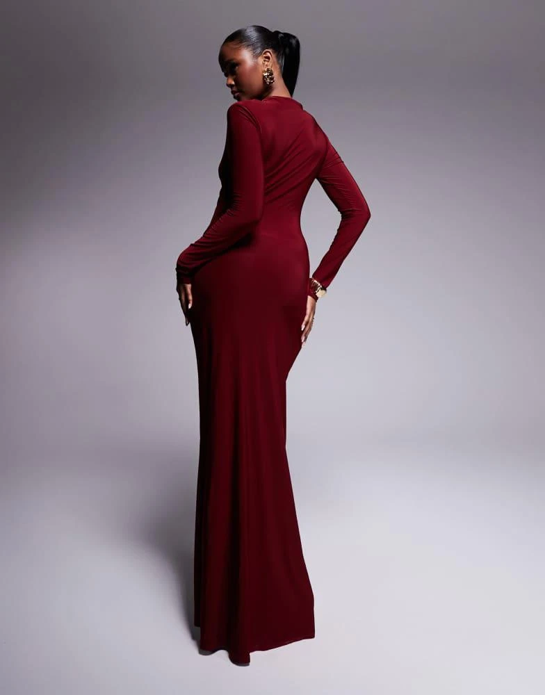 ASOS ASOS DESIGN high neck slinky maxi dress with ruched skirt detail in burgundy 4