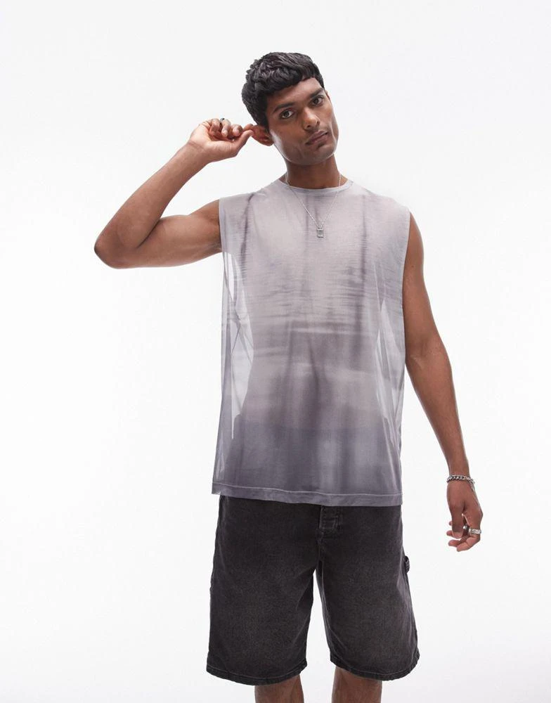 Topman Topman oversized fit sleeveless mesh t-shirt with space dye print in black 3