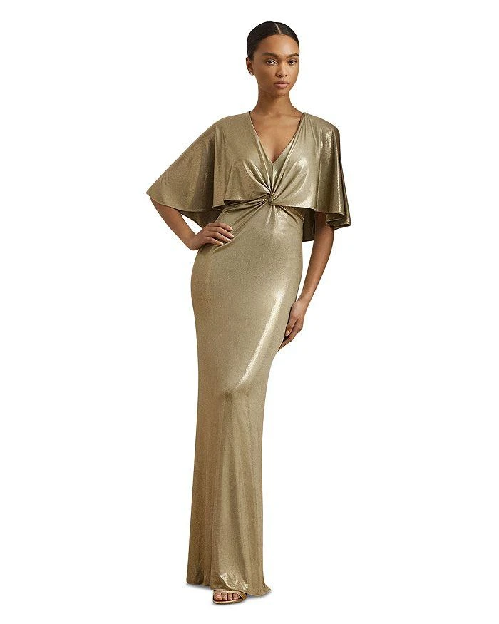 Ralph Lauren Metallic Jersey Twist Front Cape Gown 1