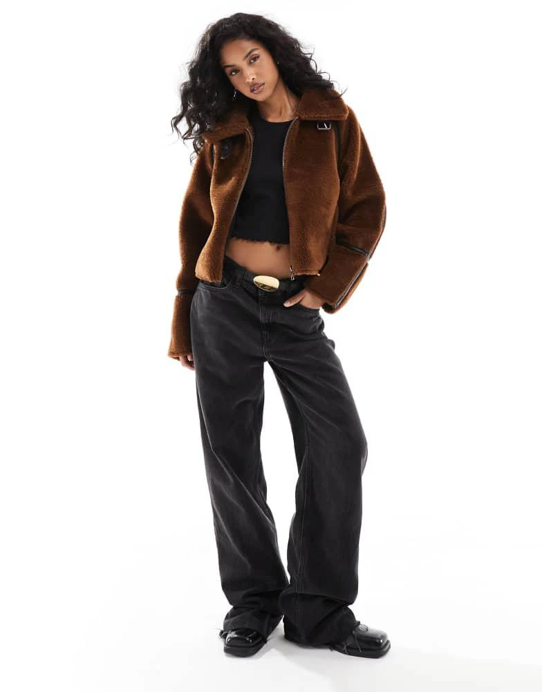 Pull&Bear Pull&Bear shearling jacket with faux leather seam detail in brown 4