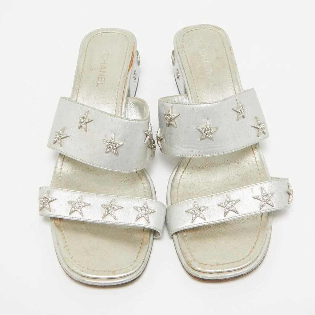 Chanel Chanel Silver Leather Star Crystal Embellished Slide Sandals Size 38.5 3