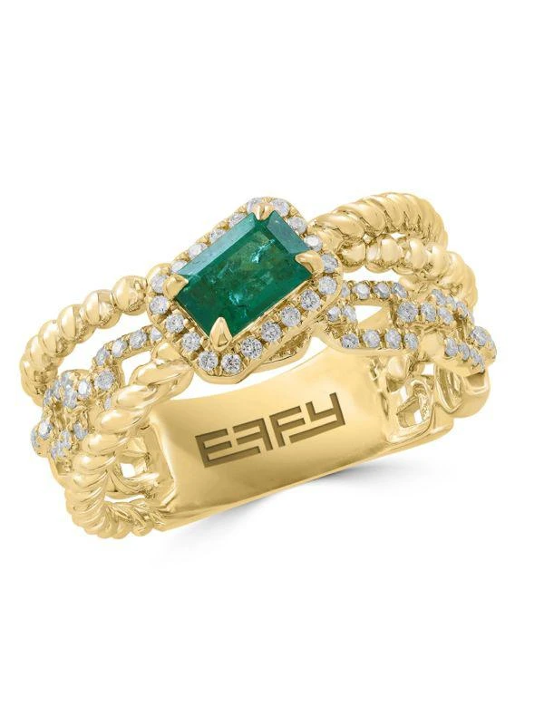 14K Yellow Gold, Emerald 
Diamond Ring