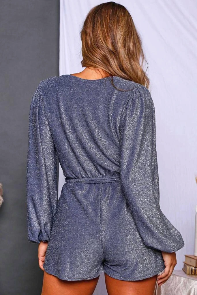 Peach Love Briana Romper In Metallic Denim And Silver Sparkle 2