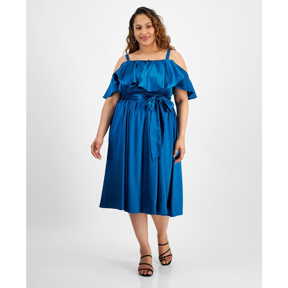 City Studios Plus Size Ruffled Square-Neck Cold-Shoulder Midi Dress