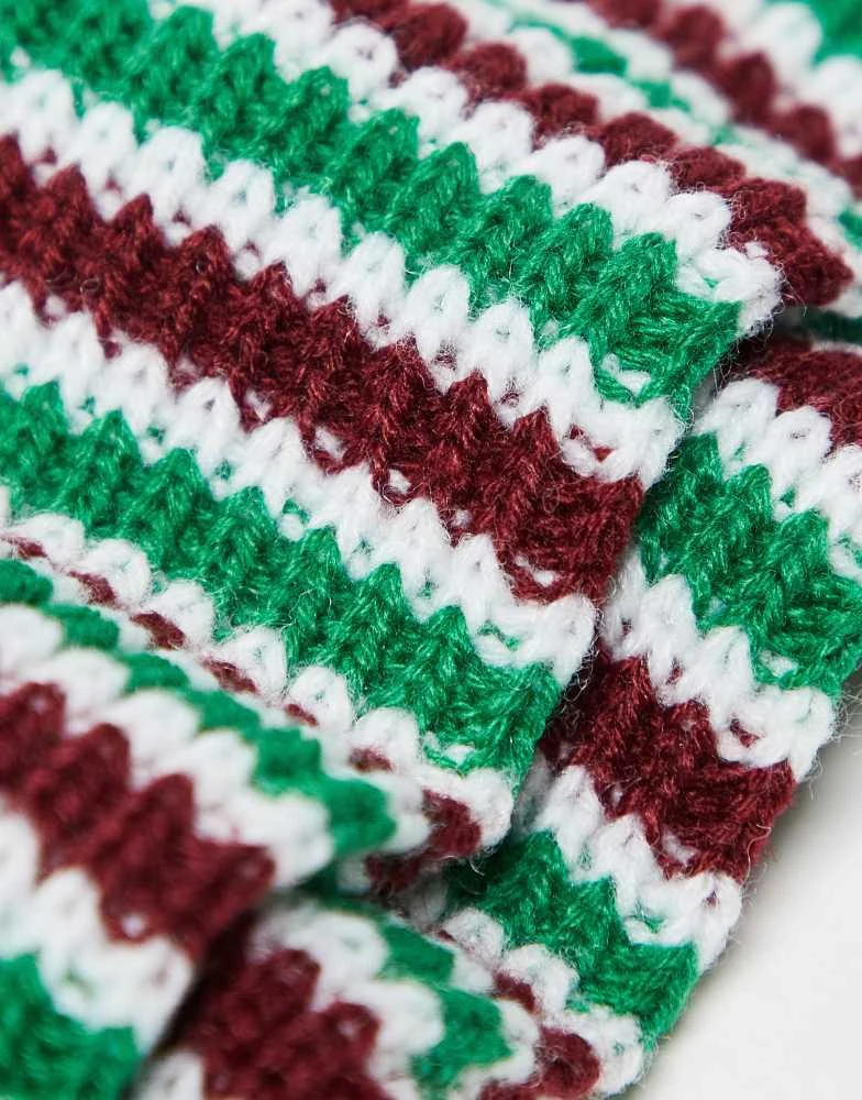 Reclaimed Vintage Reclaimed Vintage unisex gloves in burgundy and green stripe 3