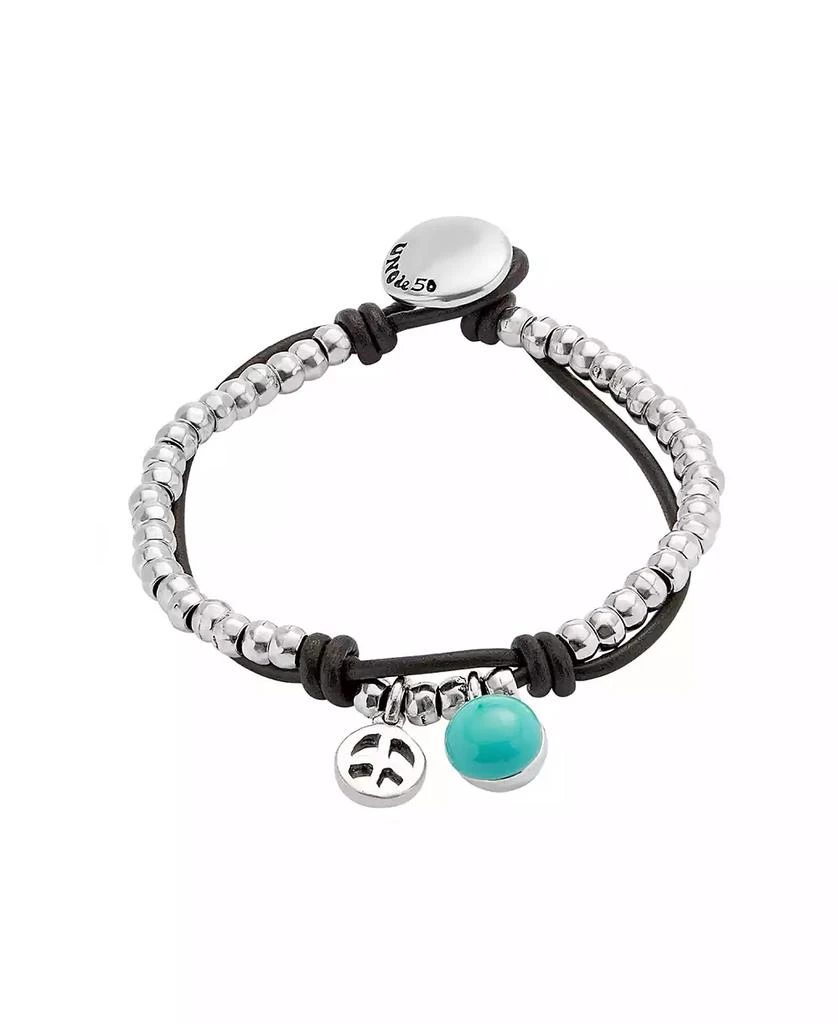 UNOde50 Silver-Plated Beaded Bracelet with Leather and Turquoise Murano Glass Beads
