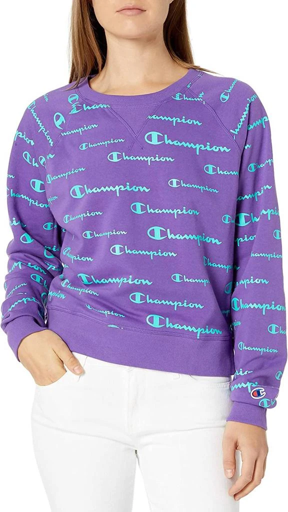 Champion Campus French Terry Print Crew Sweatshirt In Solid Scripts/purple Crush 1