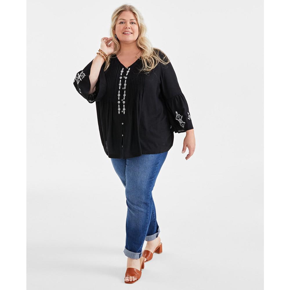 Style & Co Plus Size Embroidered Pintuck Blouse, Created for Macy's