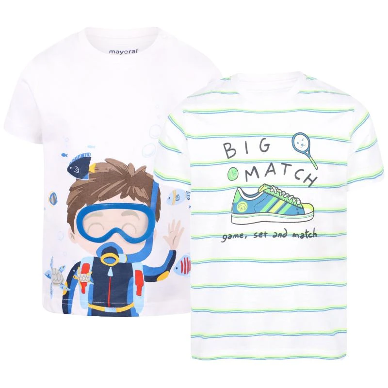 Mayoral Snorkeling and big match striped print t shirts set in white and green 1