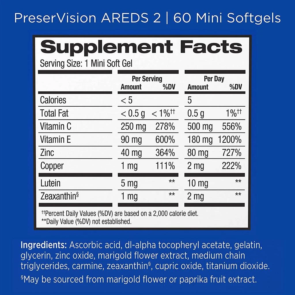 PreserVision PreserVision AREDS 2 Eye Vitamin & Mineral Supplement, Contains Lutein, Vitamin C, Zeaxanthin, Zinc & Vitamin E, 60 Minigels (Packaging May Vary) 5