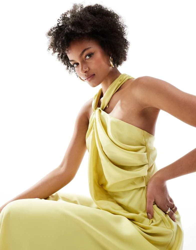 ASOS ASOS DESIGN Tall satin drape asymmetric maxi dress in dark lime 2