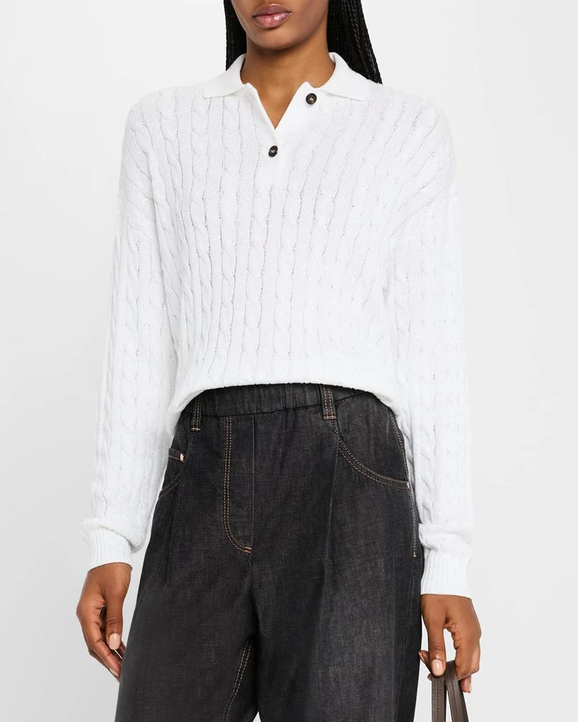Brunello Cucinelli Micro Sequined Double Cable-Knit Polo Sweater 4