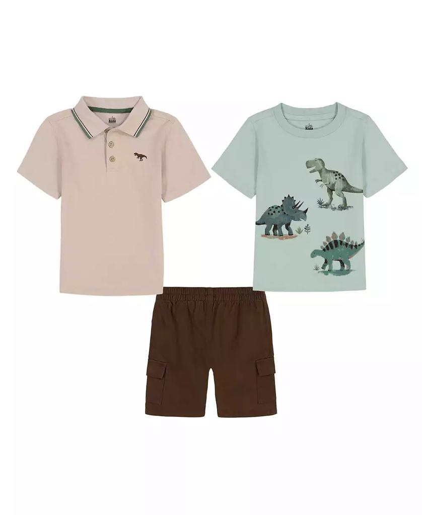 KIDS HEADQUARTERS Toddler and Little Boys 3- Piece Tipped Polo, Graphic T-Shirt and Twill Cargo Shorts Set