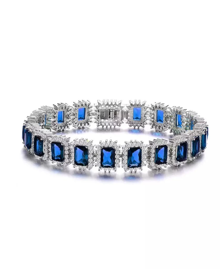 Genevive Sterling Silver with Blue 
 Cubic Zirconia Rectangular Halo Cluster Link Vintage Tennis Bracelet