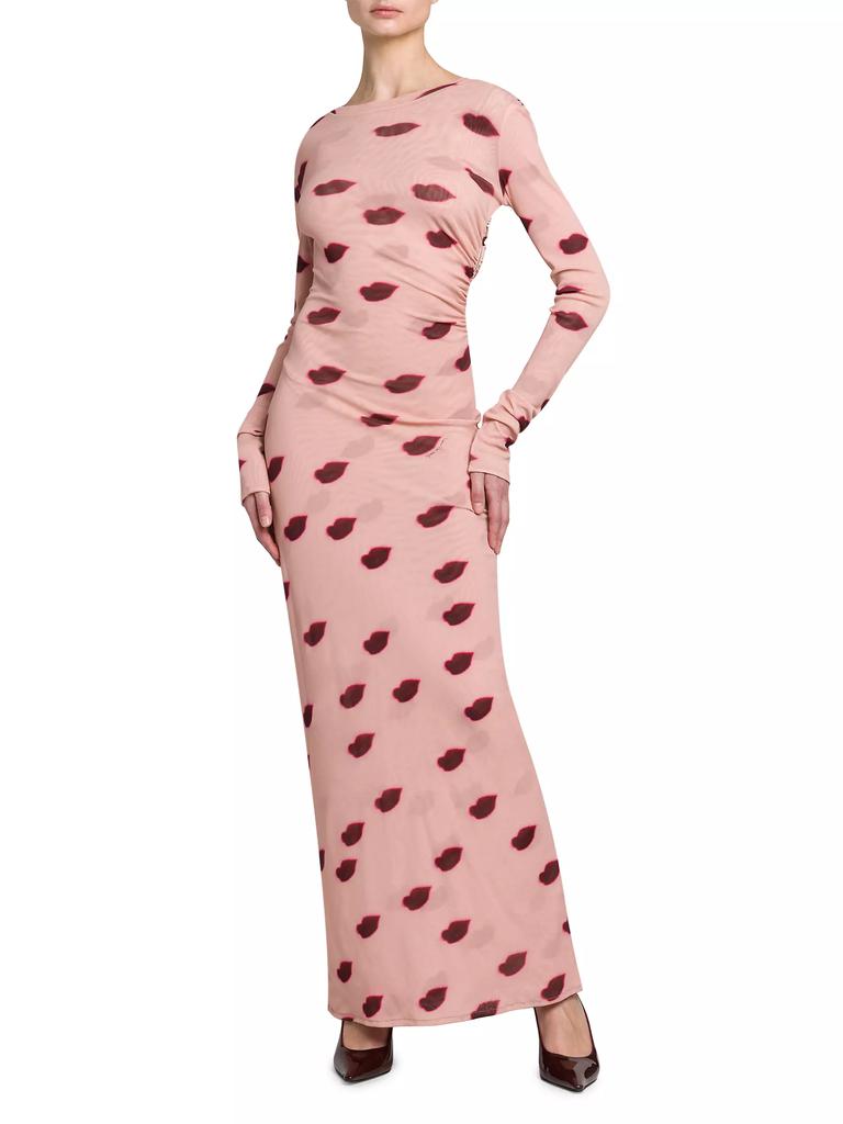Stella McCartney Lips Mesh Long-Sleeve Maxi Dress