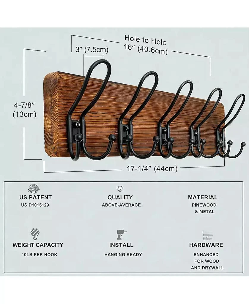 YIGII Heavy Duty Rustic Wall Coat Rack with 5 Metal Hooks 3