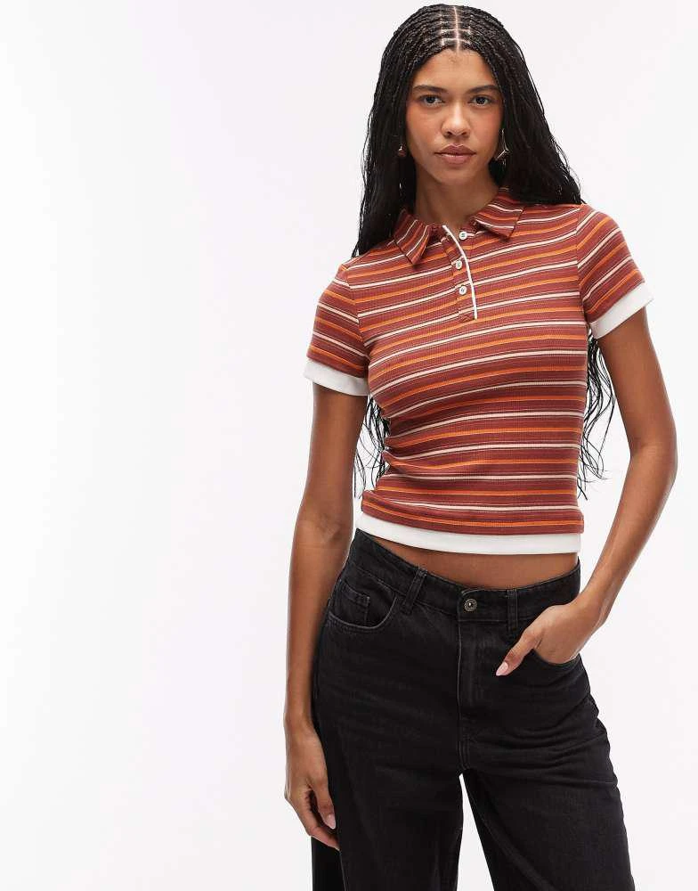 ASOS ASOS DESIGN collared short sleeve polo top in chocolate and orange stripe