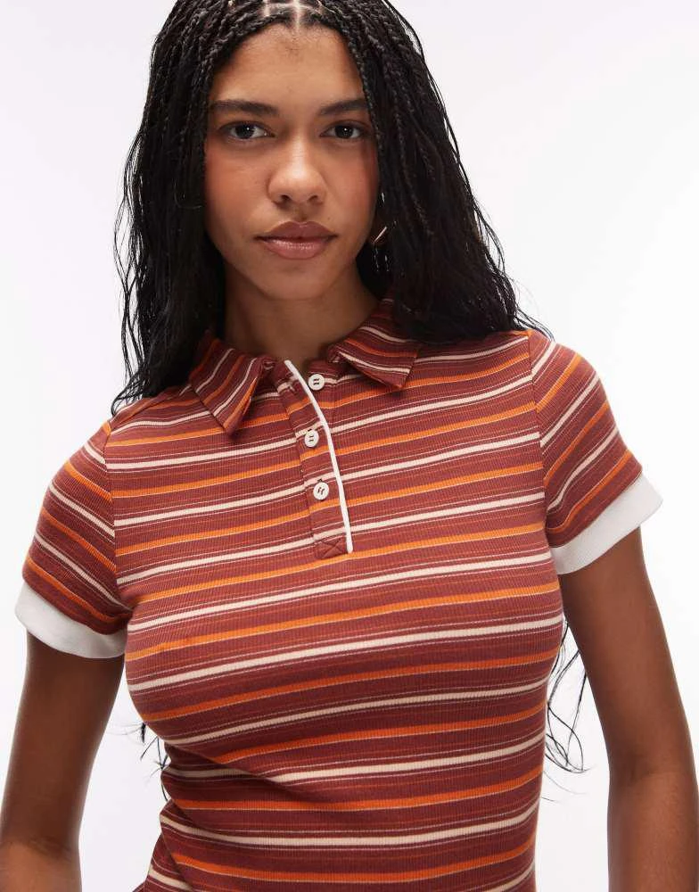 ASOS ASOS DESIGN collared short sleeve polo top in chocolate and orange stripe 3