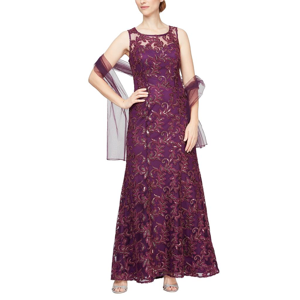 alex evenings embroidered illusion gown & shawl