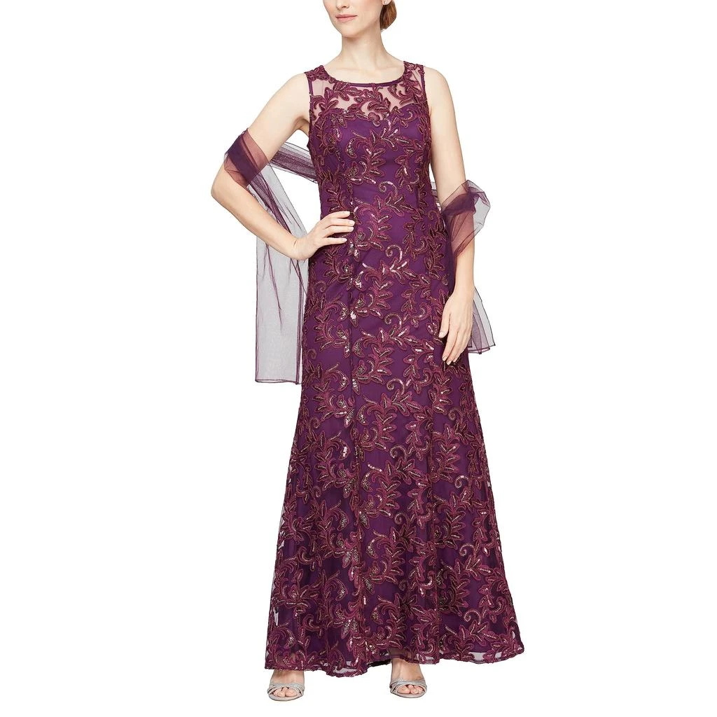 Alex Evenings Long Embroidered Gown with Sweetheart Illusion Neckline and Chiffon Shawl 1