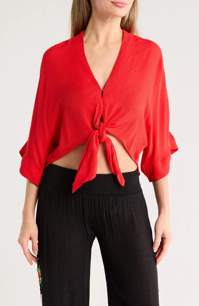 Three-Quarter Sleeve Tie Front Cover-Up Top – On Sale Now with Up