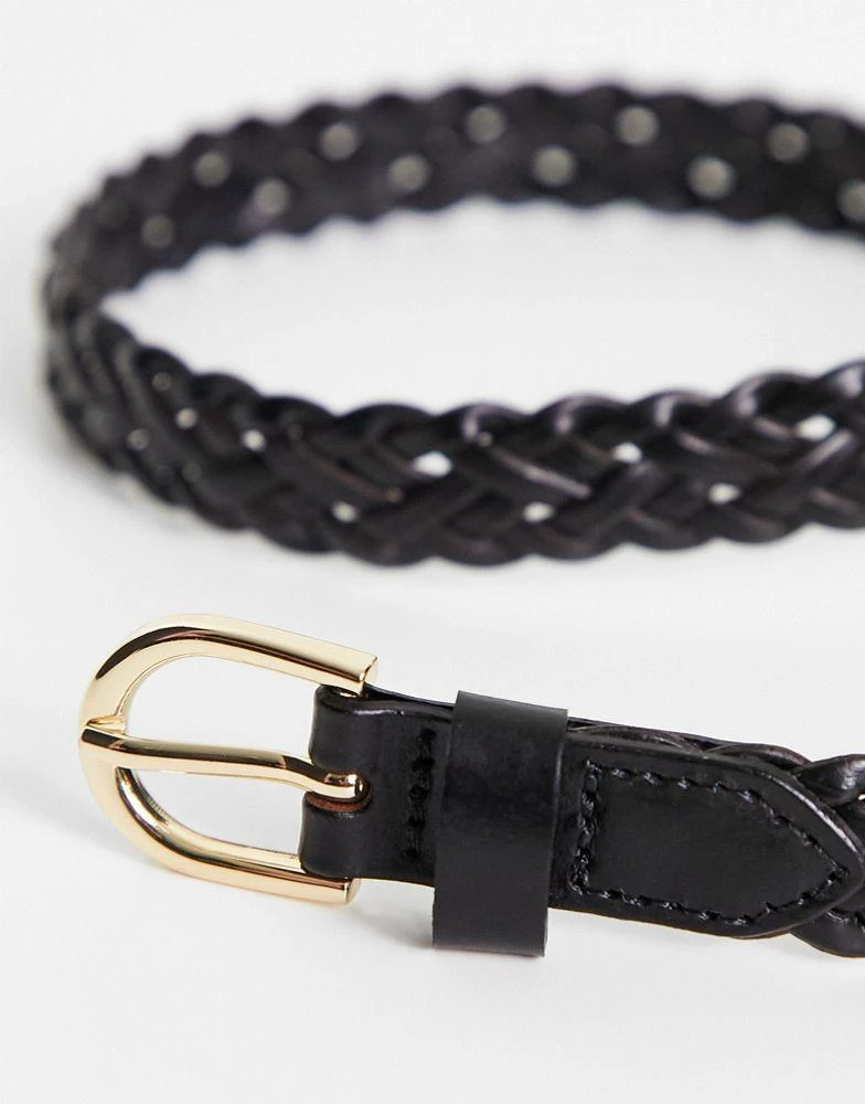 Pieces Pieces plaited faux leather belt with gold buckle in black 3