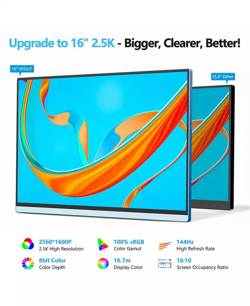 ZACHVO 2.5K 144Hz Gaming Portable Monitor V1 Pro, 16-inch HDR IPS with FreeSync 5