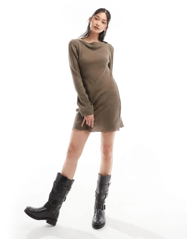 Weekday Weekday Ginko linen blend long sleeve mini dress in brown 4
