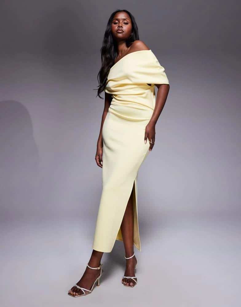ASOS DESIGN structured midi dress with fallen shoulder in light yellow scuba-style  fabric  On Sale Now with Up to 16% Off | Discover Exclusive Deals &  Savings at BeyondStyle  Authentic