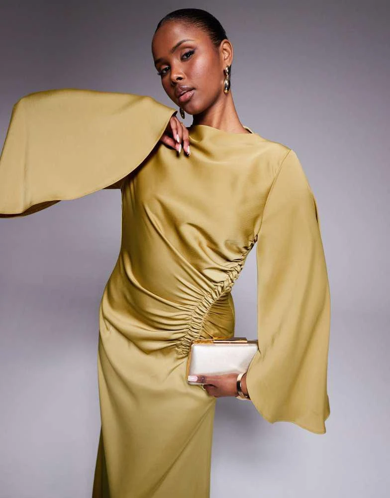 ASOS ASOS DESIGN exaggerated sleeve bias maxi dress with ruched waist in gold 4
