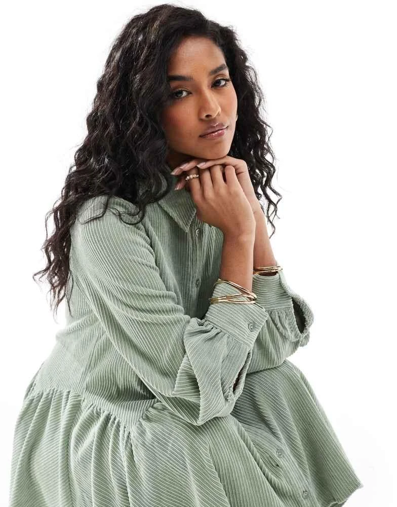 ASOS ASOS DESIGN cord smock mini dress with peplum hem in sage green 2