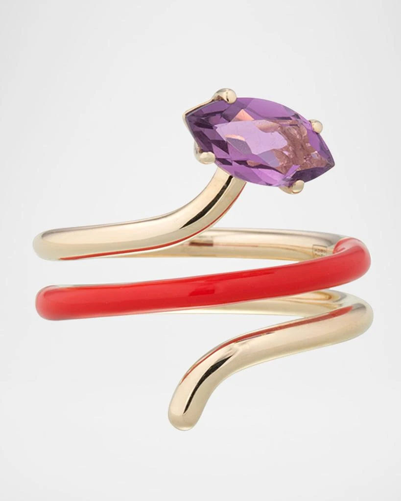 Bea Bongiasca 9K Yellow Gold and Red Enamel Amethyst Long Vine Statement Ring 1