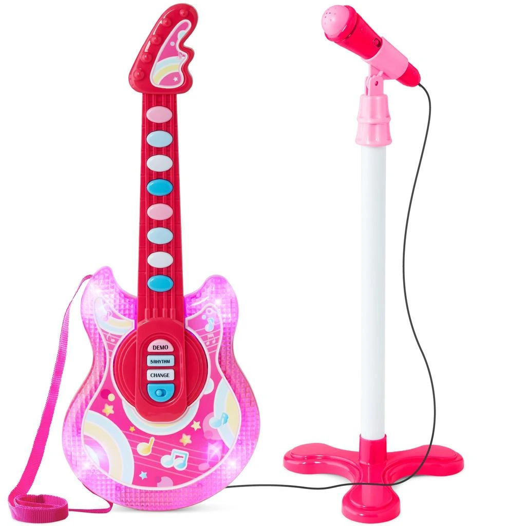 Best Choice Products 19in Kids Flash Guitar, Pretend Play Musical Instrument Toy for Toddlers w/ Mic, Stand