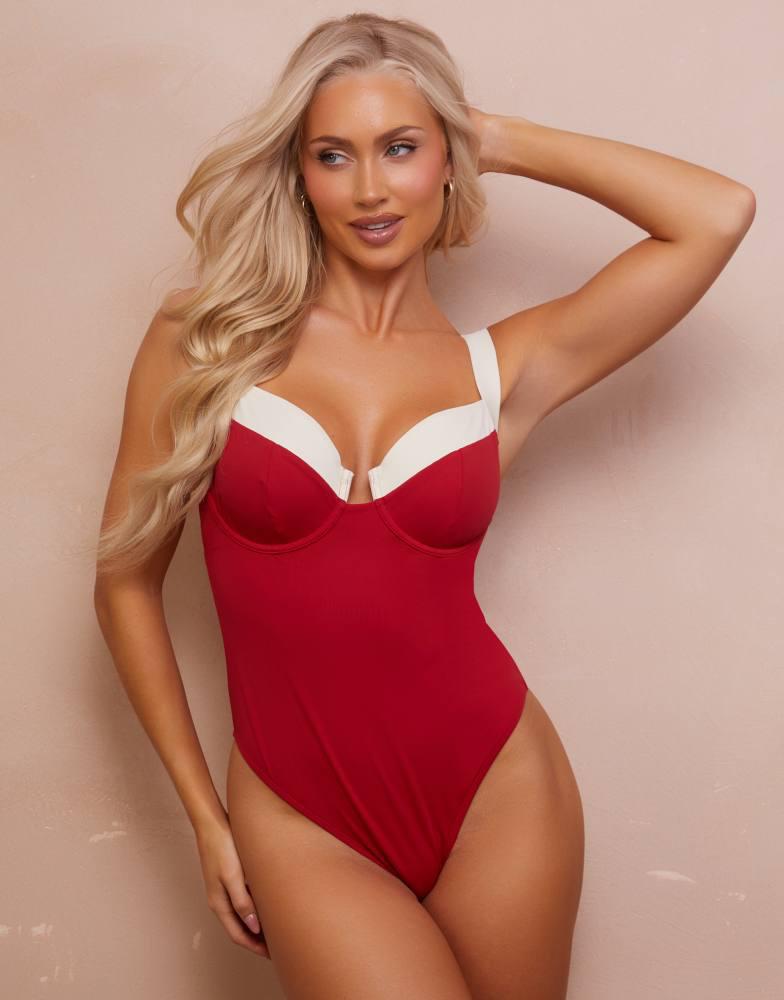 Wolf & Whistle Wolf  & Whistle Fuller Bust x Abby Benson contrast trim swimsuit in cherry red and cream