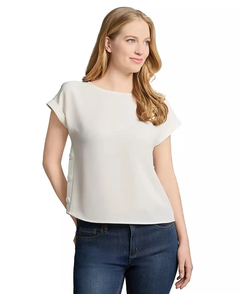 JONES NEW YORK Petite Round-Neck Side-Button Short-Sleeve Top 1